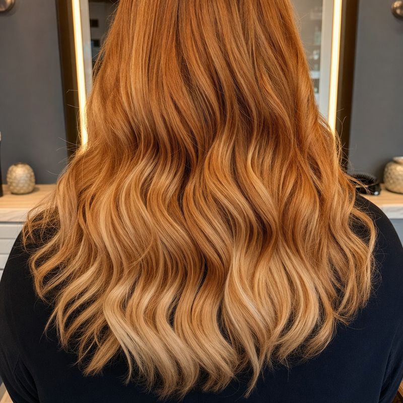 Fertige Balayage in warmem Blond, hüftlanges gewelltes Haar von hinten fotografiert